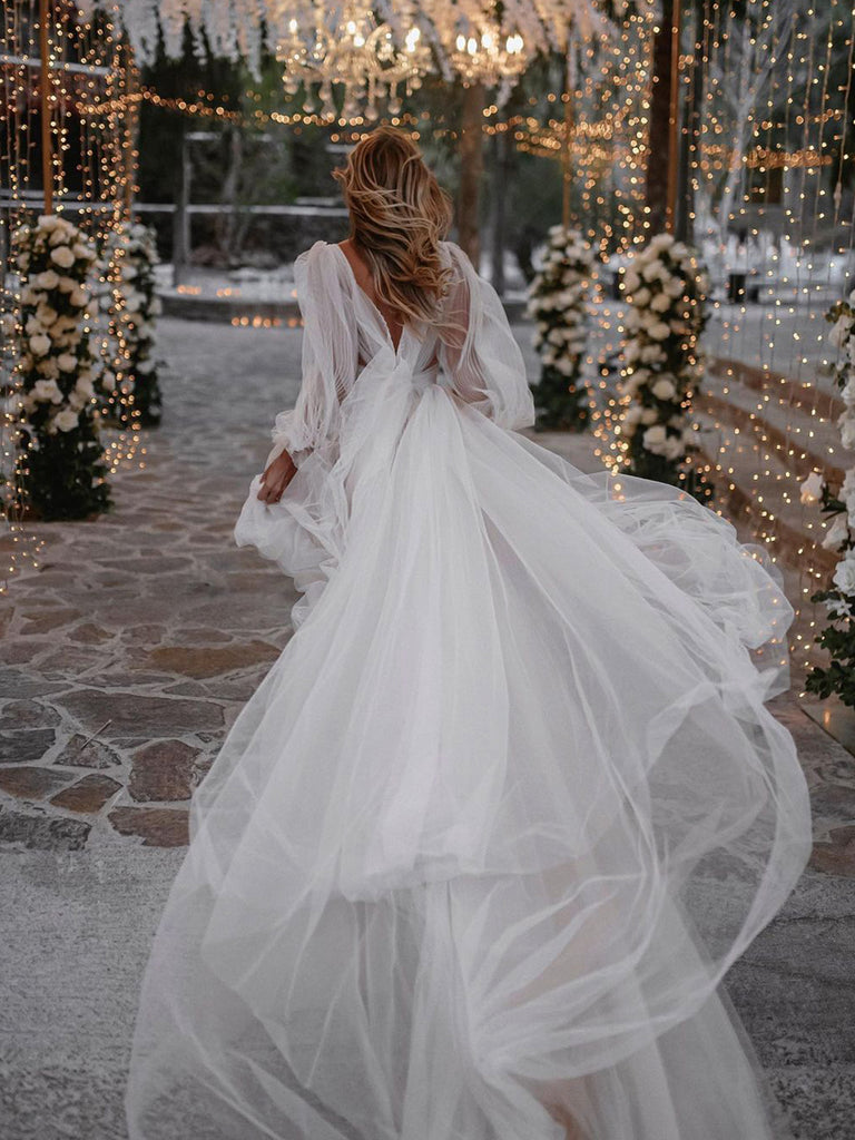 $269.99 A Line Long Sleeves Wedding Gown Soft Tulle Bohemian Wedding Dress WD1923