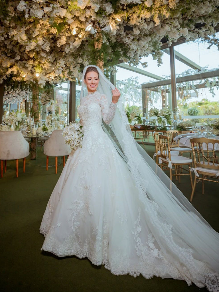 $399.99 High Neck Boho Lace Long Sleeves Bridal Dress Ball Gown Wedding Dress WD1930