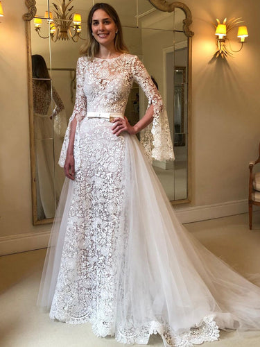 $268.99 Trumpet Sleeves Floral Lace Wedding Dresses with Detachable Train WD1933