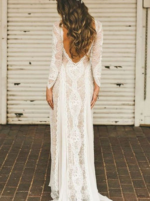 Alluring Lace Bateau Long Sleeves Chapel Train Sheath Wedding Dresses WD218