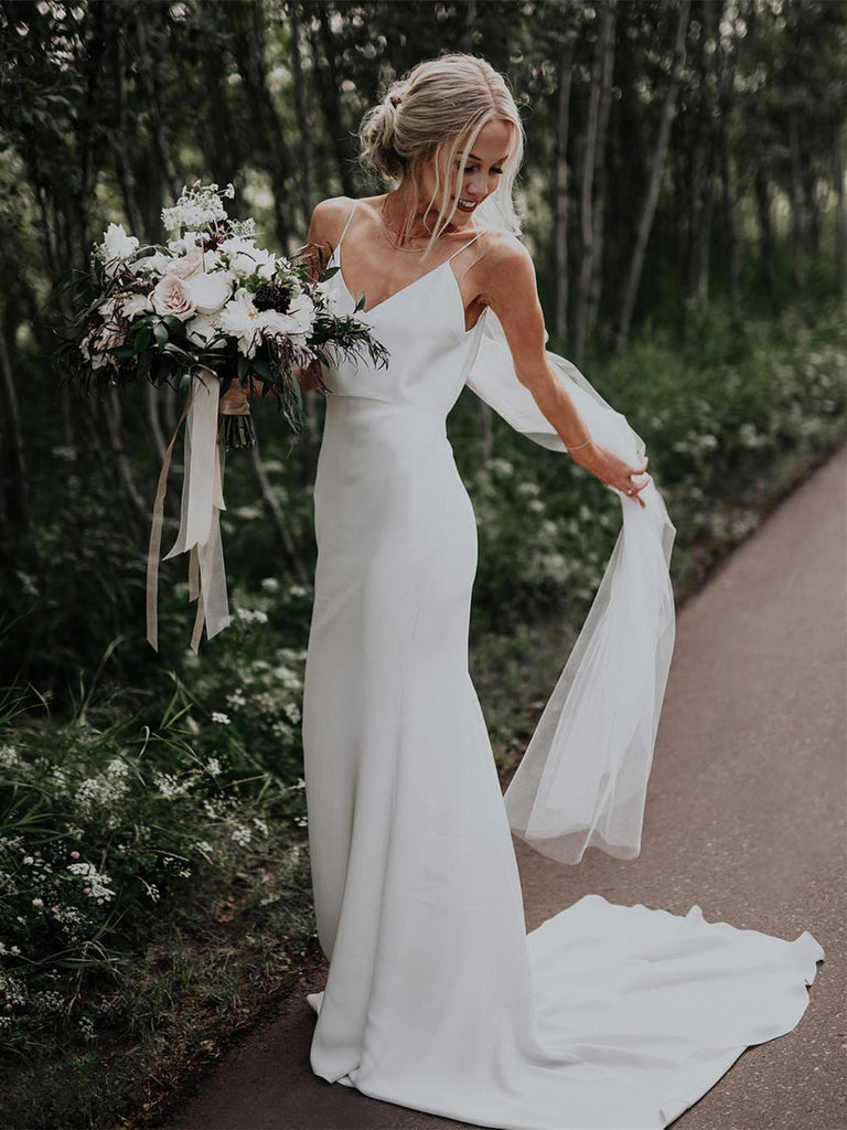 White Satin Long Sleeve V-neck With Train Simple Wedding Dresses,DB016 –  DaintyBridal