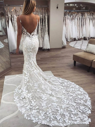 Graceful Lace Jewel Neckline Chapel Train Sheath Wedding Dresses WD137 –  BohoProm