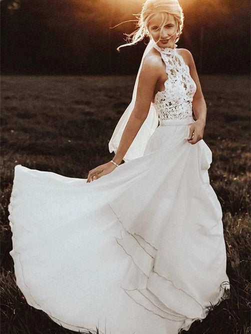 Unique Halter A-line Wedding Dresses Appliqued Long Bridal Gowns WD238