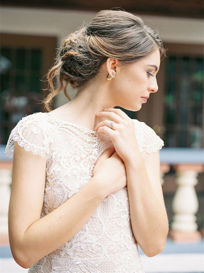 Fantastic Bateau Lace wedding Dresses Cap Sleeves Long Sheath Bridal Gowns WD250