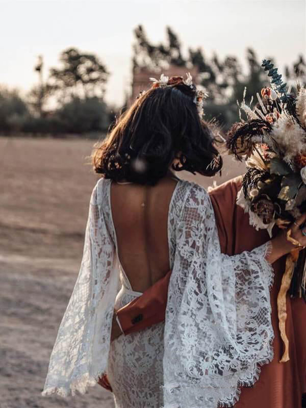 Wonderful V-neck Lace Wedding Dresses Mermaid Backless Bridal Gowns WD262