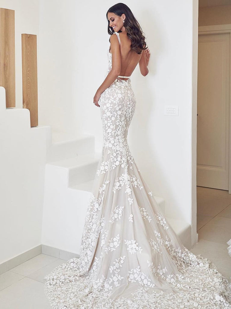 Spaghetti Straps Mermaid Wedding Dresses Lace Appliqued Gowns WD269