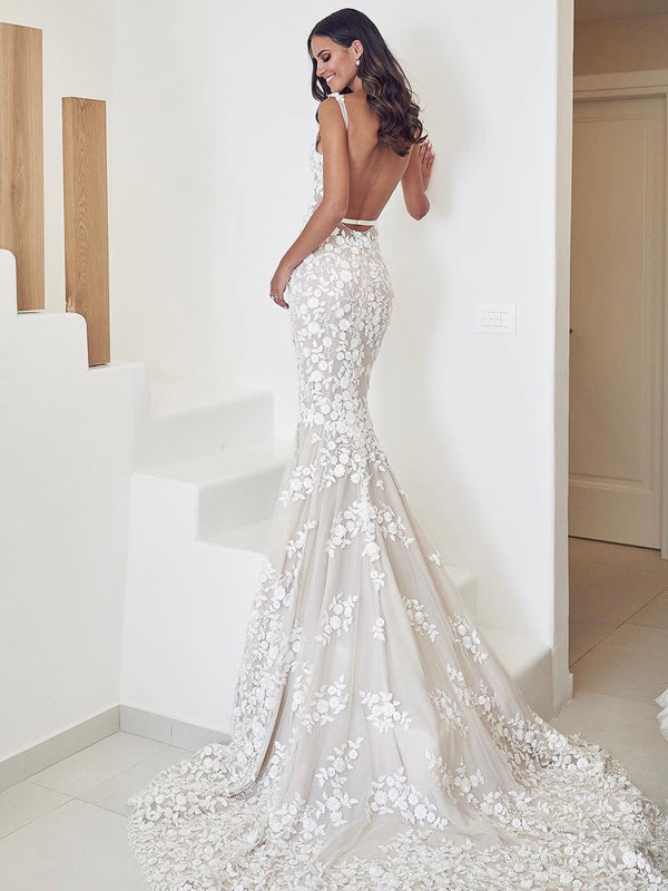 Spaghetti Straps Mermaid Wedding Dresses Lace Appliqued Gowns WD269 ...