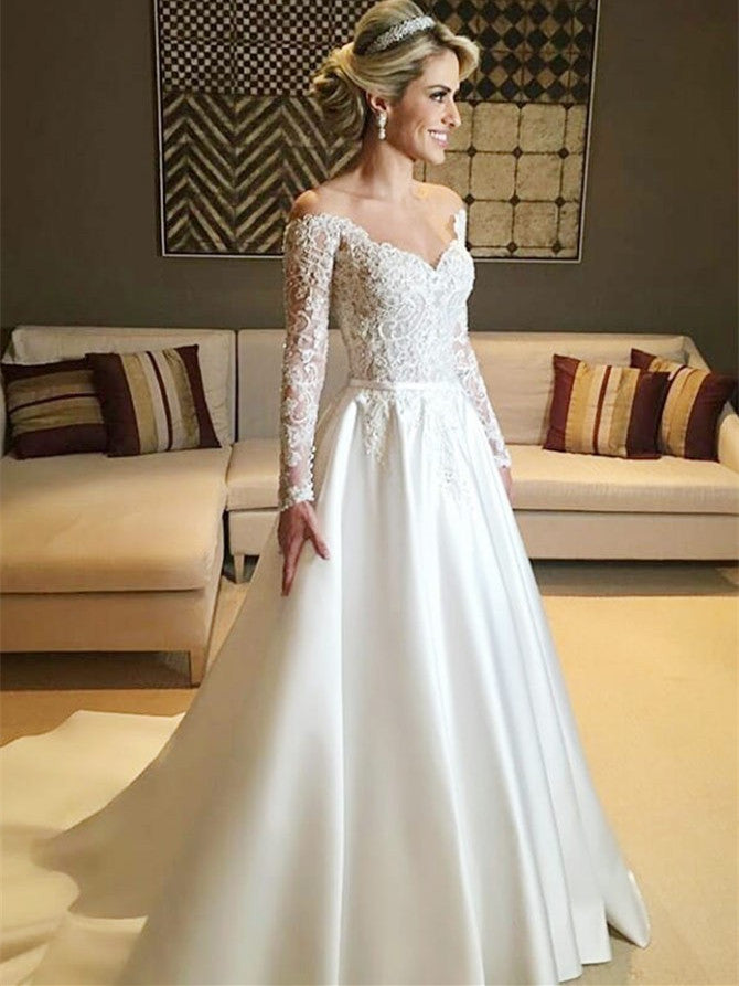 Fantastic Off-the-shoulder A-line Wedding Dresses Satin Appliqued Gowns WD271