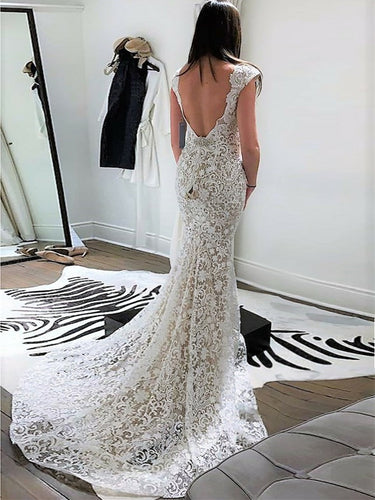 Attractive V-neck Mermaid Wedding Dresses Lace Bridal Gowns WD297