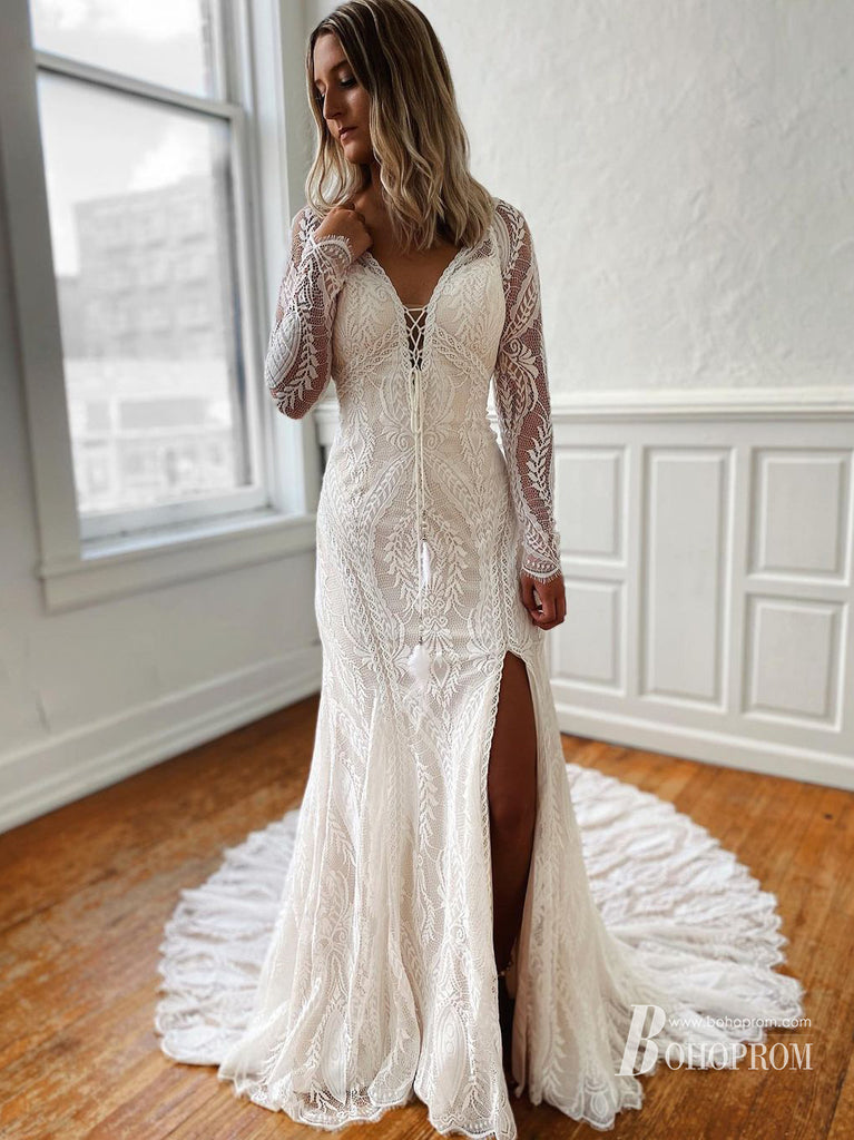 Gorgeous Lace Long Sleeves Mermaid Wedding Dresses With Tassels WD299
