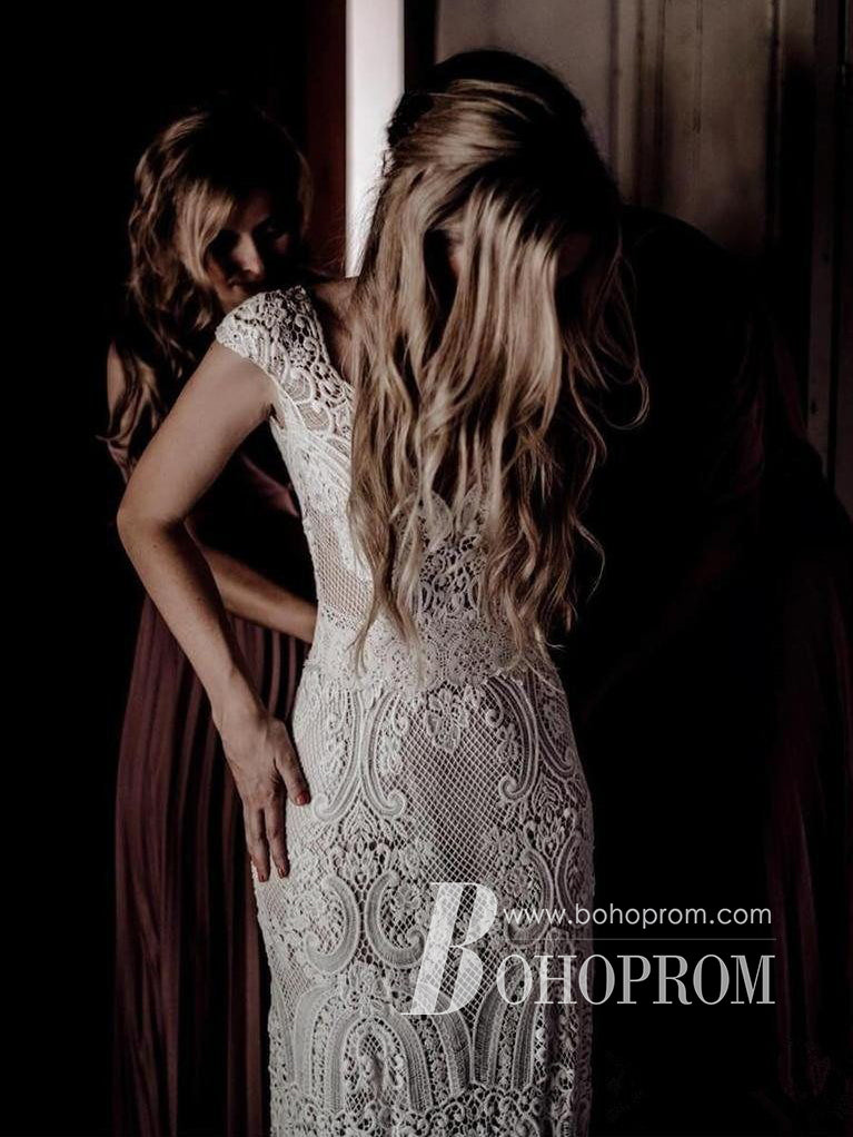 Cap Sleeves Lace Wedding Dresses Mermaid Backless Bridal Gowns WD329