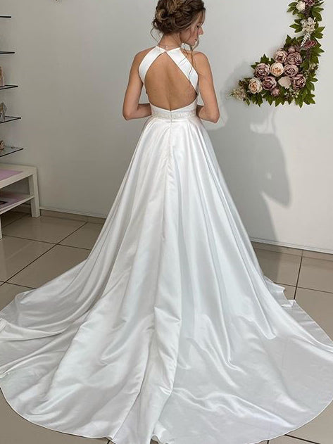 Halter Neckline Backless A-line Wedding Dresses with Long Satin WD335