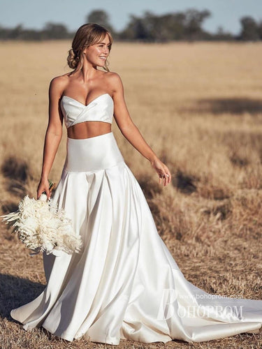 Elegant Two-pieces A-line High-Waist Strapless Sweep Train Satin Wedding Dresses WD336