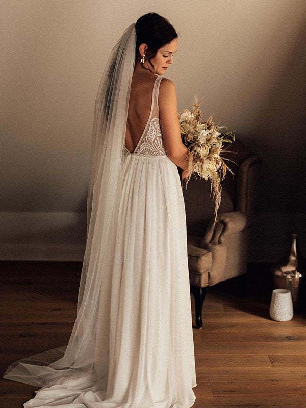 Simple Tulle Sleeveless V-neck A-line Backless Wedding Gowns With Sweep Train WD352