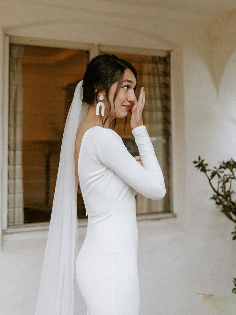 Simple Longsleeves Backless Satin Wedding Dresses Mermaid  Bridal Gowns WD360