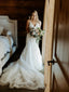 Elegant Tulle V-Neck Appliqued Spaghetti Straps Mermaid Sleeveless Chapel Train Wedding Dresses WD366