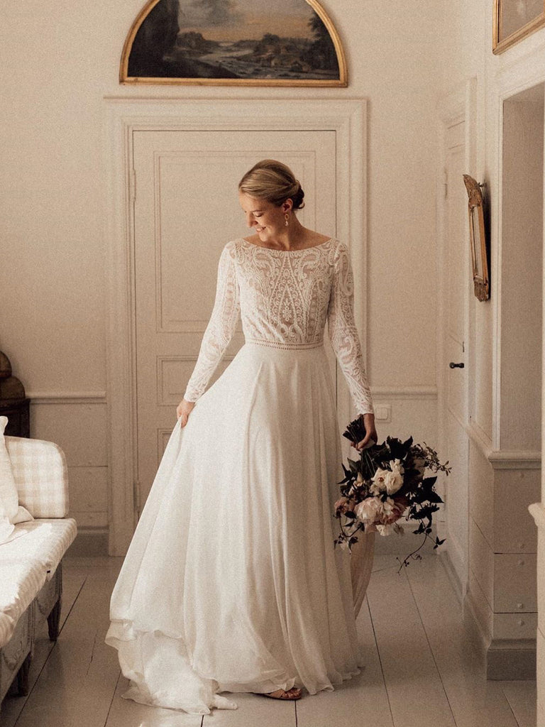 Simple Lace Chiffon A-line Backless Wedding Dresses Country With Long Sleeves Gowns WD388