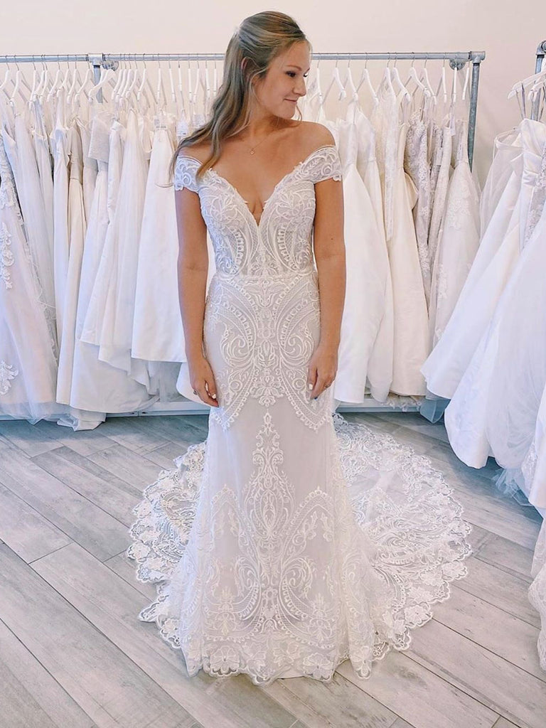 Elegant Lace Appliuqed Off-the-shoulder Neckline Court Train Mermaid Wedding Dresses WD431