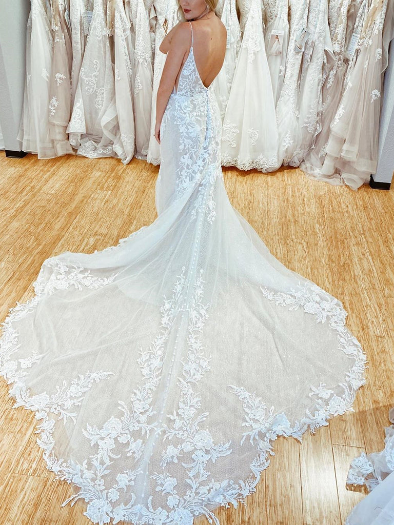 Amazing Spaghetti Straps Appliques Lace Wedding Dresses Mermaid Chapel Train Bridal Gowns WD435