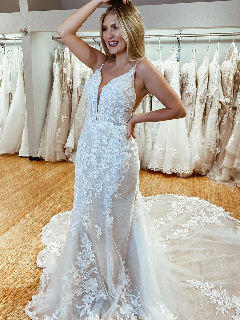 Amazing Spaghetti Straps Appliques Lace Wedding Dresses Mermaid Chapel Train Bridal Gowns WD435