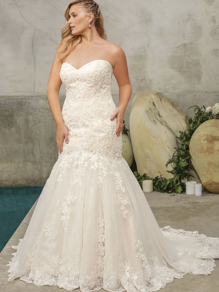 Simple Tulle Strapless Mermaid with Appliques Sweep Train Wedding Dresses WD478