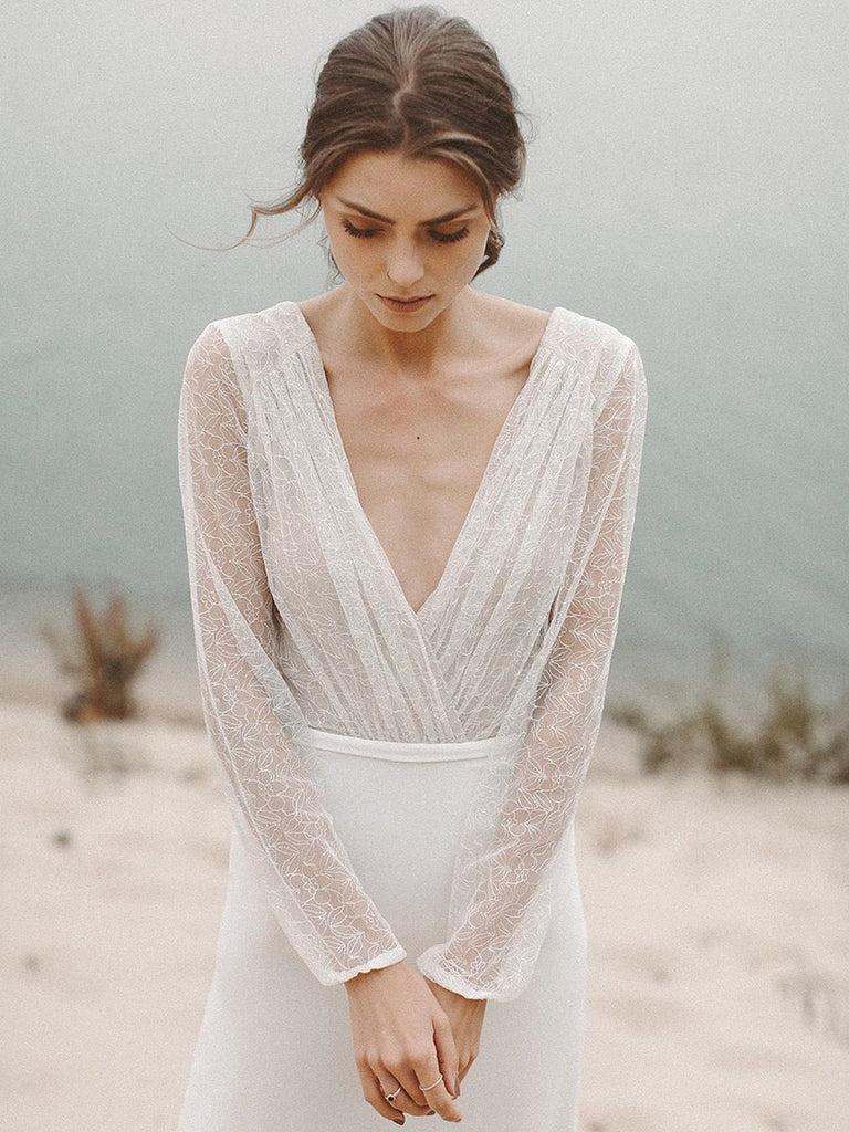 Elegant Illusion Long Sleeves V-Neck Tulle Backless Wedding Dresses  WD480
