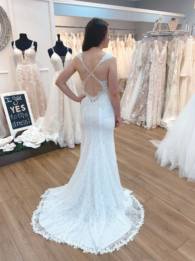 Simple Lace V-neck  Mermaid Sweep Train  Wedding Dresses WD482