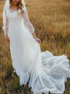 Beautiful Long Sleeves Lace Wedding Dresses A-Line Bridal Gowns WD505