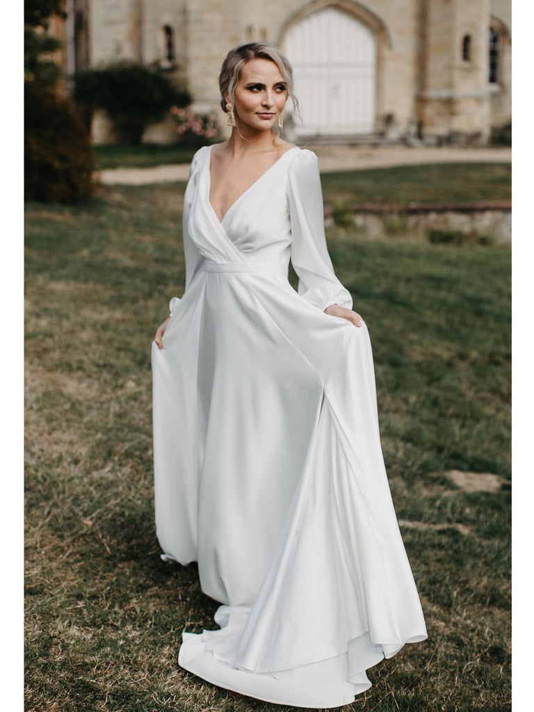 Simple Slit V-Neck Backless Satin Chiffon Wedding Dresses A-line Long Sleeves  WD521