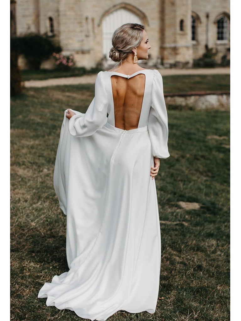 Simple Slit V-Neck Backless Satin Chiffon Wedding Dresses A-line Long Sleeves  WD521