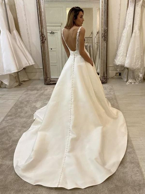 Elegant V-neckline Chapel Train A-line Wedding Dresses WD532