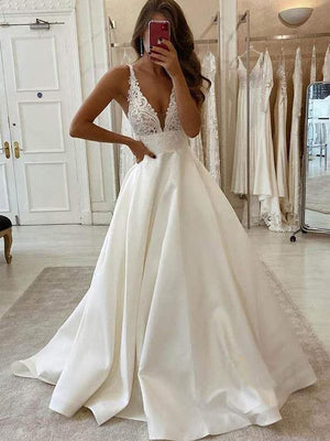 Elegant V-neckline Chapel Train A-line Wedding Dresses WD532