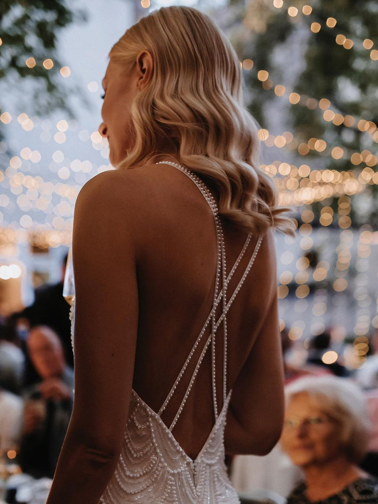 Sexy Sequin Wavy beaded lace Backless Halter Neckline Floor-length Train Wedding Dresses WD558