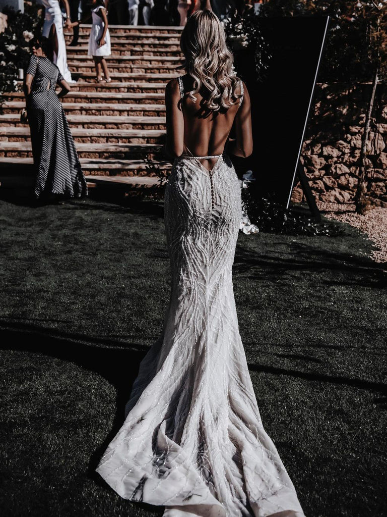 Gorgeous Beaded Lace Spaghetti Straps Mermaid Chapel Train Wedding Dresses WD559