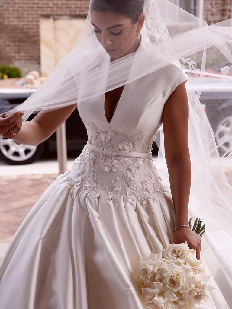 Elegant Satin Beaded Appliqued V-neckline A-line Chapel Train Bridal Gowns WD561