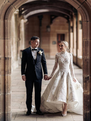 Elegant High-Neck Long Sleeves Chapel Train Appliqued Beaded Wedding Dresses WD568