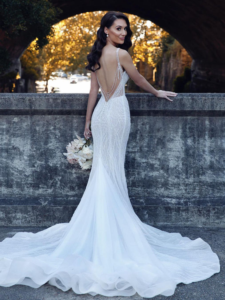 Romantic lace halter deep v neck wedding dress with embellished sash