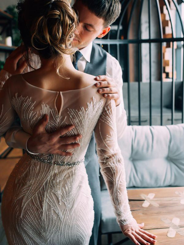 Gorgeous Beaded Lace Long Sleeves Mermaid Sweep Train Wedding Dresses WD576