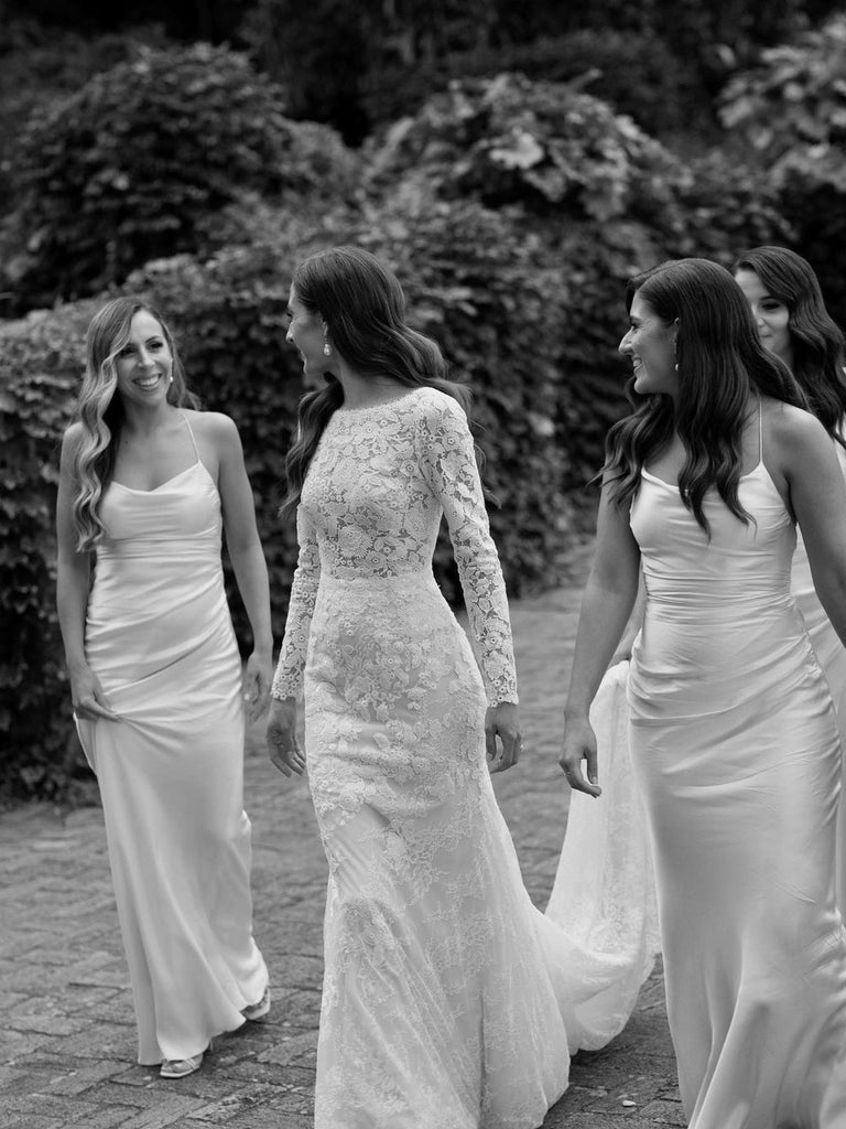 Delicate Lace Bateau Long Sleeves Chapel Train Sheath Wedding Dresses WD584