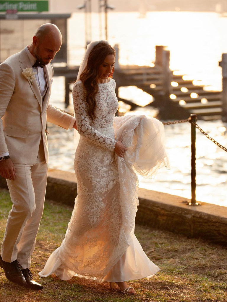 Delicate Lace Bateau Long Sleeves Chapel Train Sheath Wedding Dresses –  BohoProm