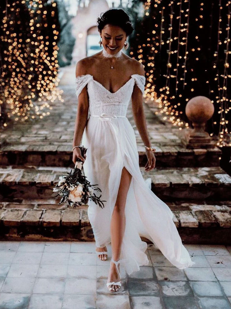Elegant Sweetheart Neckline Off-the-shoulder Lace A-line Wedding Dresses WD612