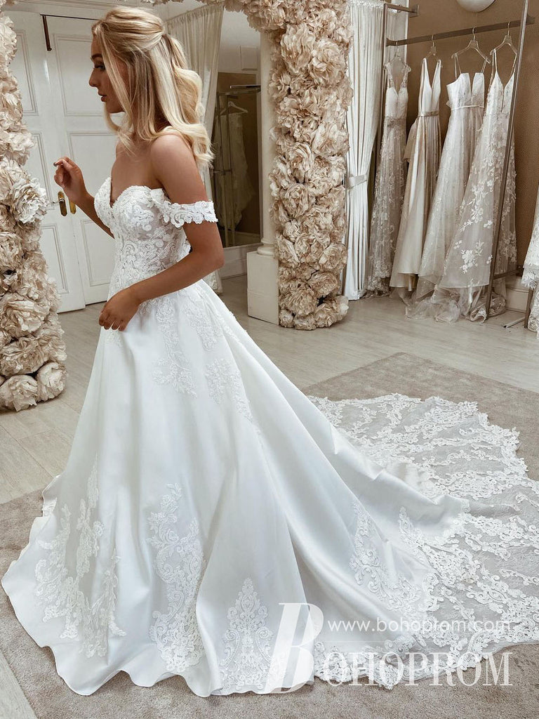 Elegance Satin Off-the-shoulder A-line Wedding Dresses With Appliques WD618