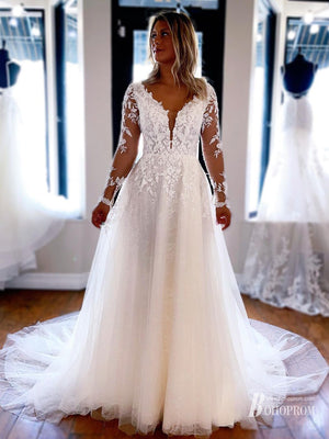 Elegant Appliques A-line Wedding Dresses With Long Sleeves Lace Bridal Gowns WD621