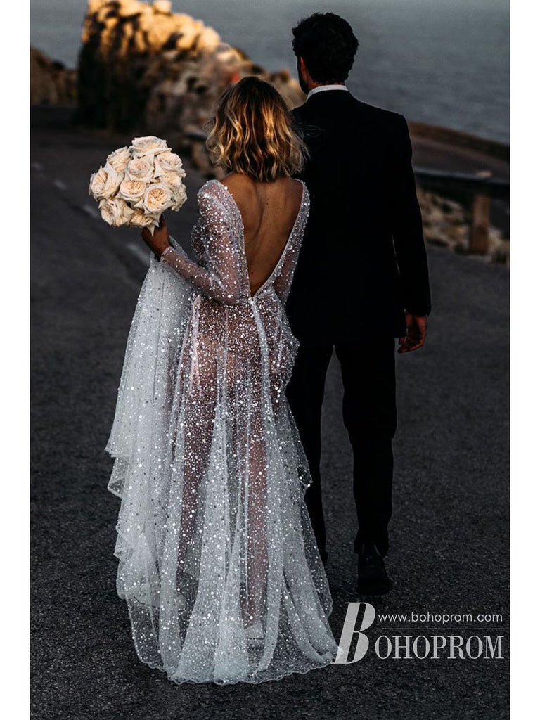 Shining Illusion Long Sleeves Wedding Dresses Backless A-line Bridal Gowns WD625