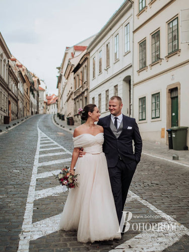 Romantic A-line Off-the-shoulder Floor-Length Tulle Wedding Dresses WD637