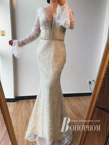 Romantic Boho Lace V-neckline Long Sleeves Mermaid Wedding Dresses With Beaded WD642