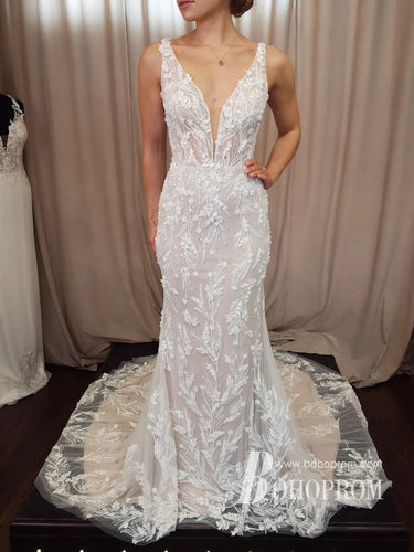 Excellent Deep V-neckline Appliques Tulle Wedding Dresses Mermaid Backless Bridal Gowns WD643