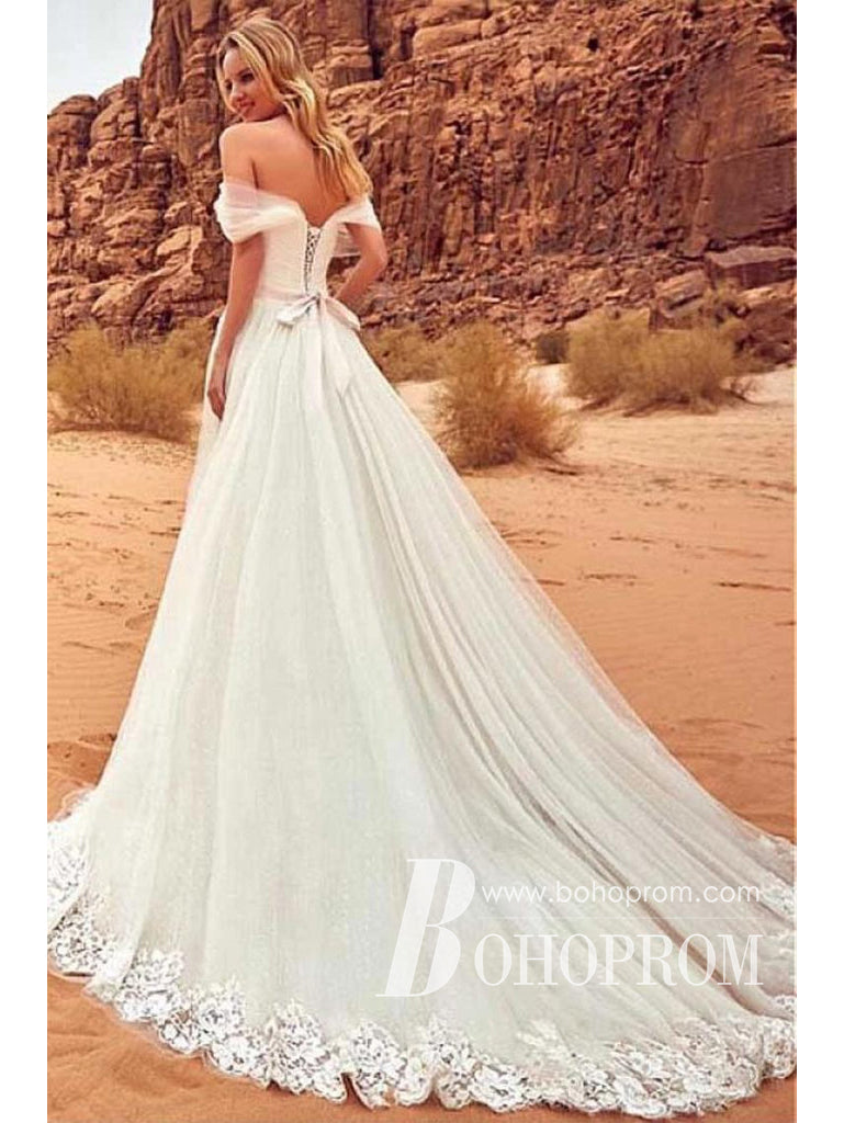 Alluring Tulle Off-the-shoulder Belt Wedding Dresses A-line Appliqued Gowns WD650
