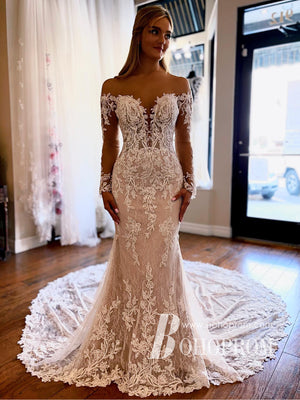 Wonderful Bateau Appliques Lace Wedding Dresses long Sleeves Mermaid Gowns WD652