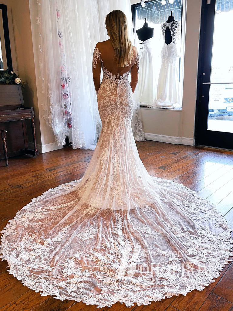 Wonderful Bateau Appliques Lace Wedding Dresses long Sleeves